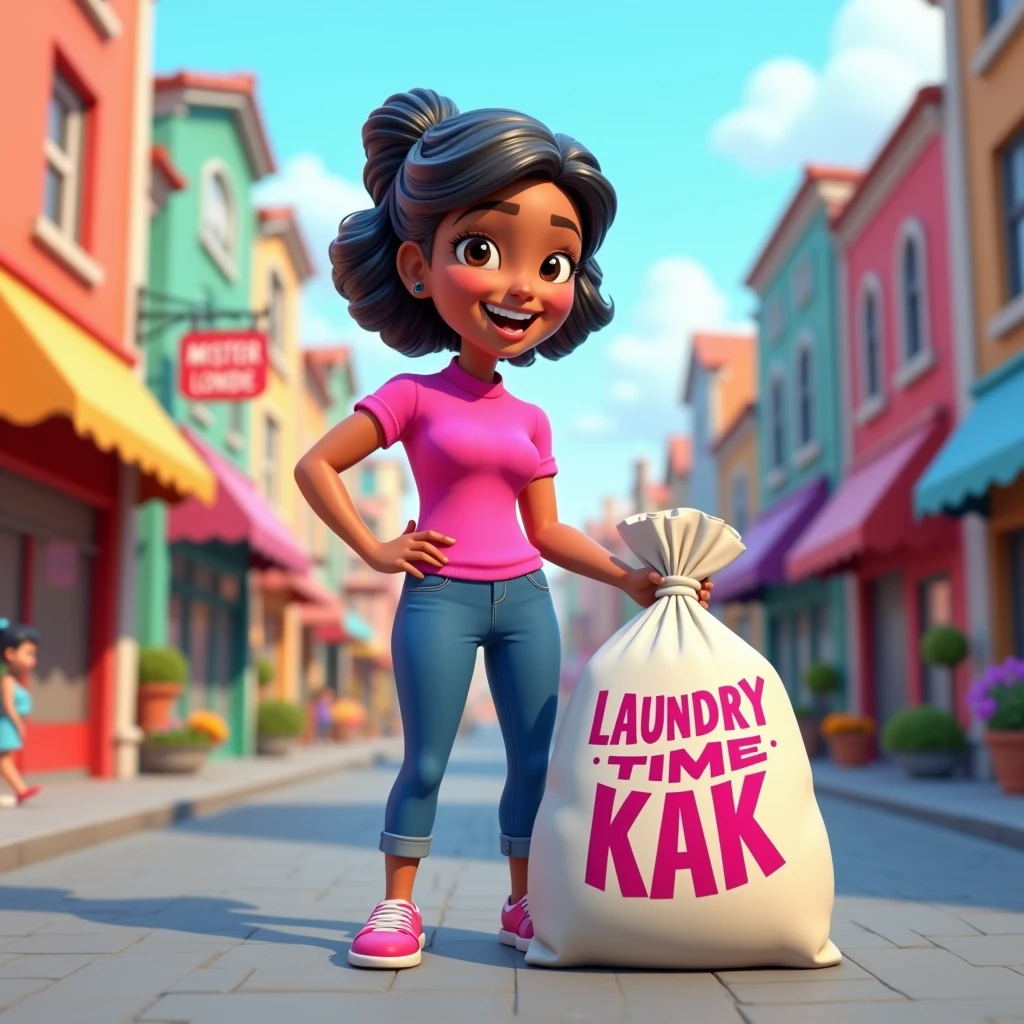 3D cartoon, HD, a woman as a laundry courier, wearing a pink shirt, carrying a laundry bag with title MISTER LONDRE , the title says "LAUNDRY TIME KAK" , no logo in caps
