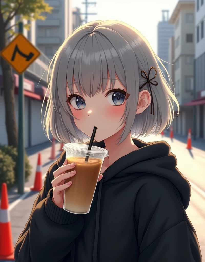 (RAW photo, best quality, masterpiece: 1.2), (photorealistic: 1.4), best lighting, 20 years old, (light gray hair, short bob cut, hair in 7 thirds, hair over one ear, Symmetrical eyes, fair skin, solo, Detailed Skin, Detailed Background:1.2), Ukrainian girls, a black short-length hoodie, drinking a cafe latte in a transparent cup with a straw, taken in a residential area in Japan, road signs, traffic cones, sun, street trees, ((Realistic photo))