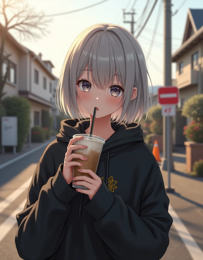 (RAW photo, best quality, masterpiece: 1.2), (photorealistic: 1.4), best lighting, 20 years old, (light gray hair, short bob cut, hair in 7 thirds, hair over one ear, Symmetrical eyes, fair skin, solo, Detailed Skin, Detailed Background:1.2), Ukrainian girls, a black short-length hoodie, drinking a cafe latte in a transparent cup with a straw, taken in a residential area in Japan, road signs, traffic cones, sun, street trees, ((Realistic photo))