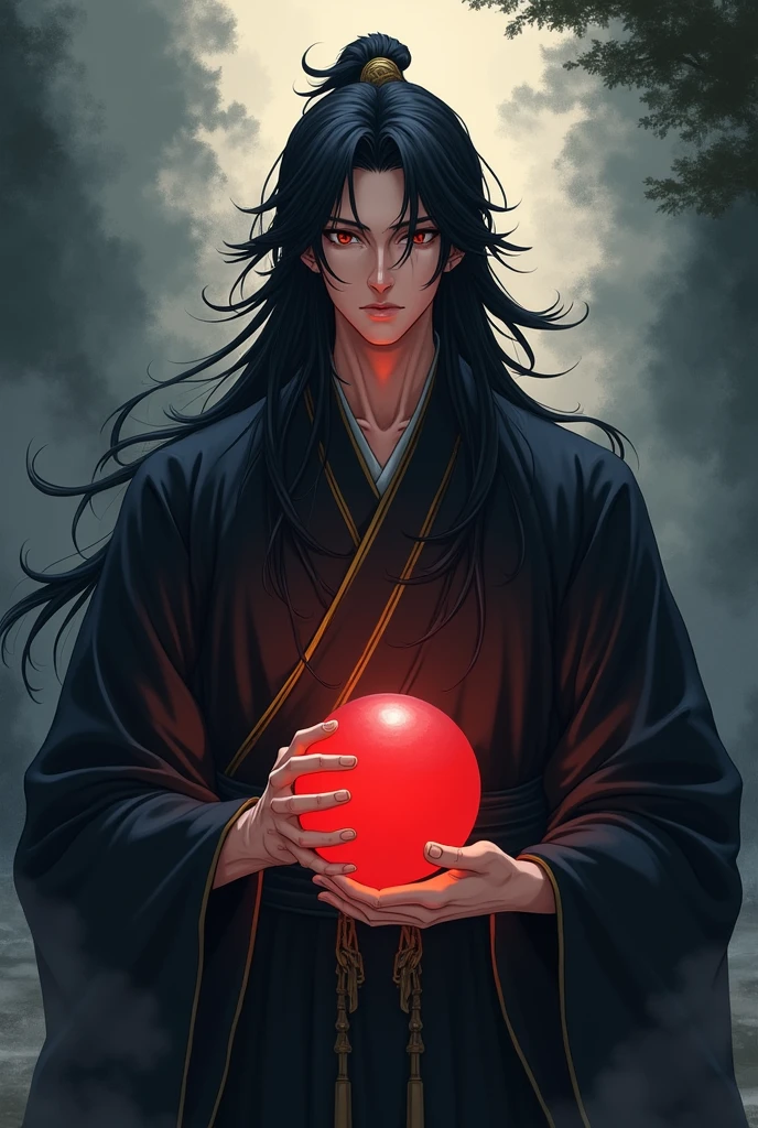 masterpiece, best quality, 4k, UHD, bishoujo, painting, striking gaze and intricately detailed face, illustration, stunningly detailed, high resolution illustration, single radiant red energy ball, 1 man with an immortal-like appearance, long flowing black hair, styled in a anime protagonist fashion, luminous dark eyes that seem to hold ancient wisdom, traditional black kimono with golden stripes, expressionless yet commanding, ethereal aura surrounding him, dark, atmospheric background reminiscent of Dark Souls, shadowy landscapes with creeping mist, softly glowing red energy ball cradled in one hand, poised with an air of timeless confidence, mystical energy, (Impressionism:1.4)
