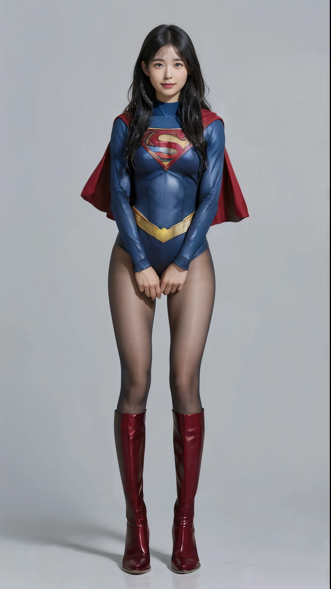 No background、(((Beautiful legs in black tights.)))、(((Legally express the beauty of your smile)))、((((Make the most of your original images)))、(((Supergirl Costume)))、(((Beautiful Hair)))、(((suffering)))、(((Please wear black tights....、Wear red boots)))、((Best image quality、8k))、((Highest quality、8k、masterpiece:1.3))、(((Preserve background )))、Sharp focus:1.2、Beautiful woman with perfect figure:1.4、Slim Abs:1.2、Wet body:1.5、Highly detailed face and skin texture、8k