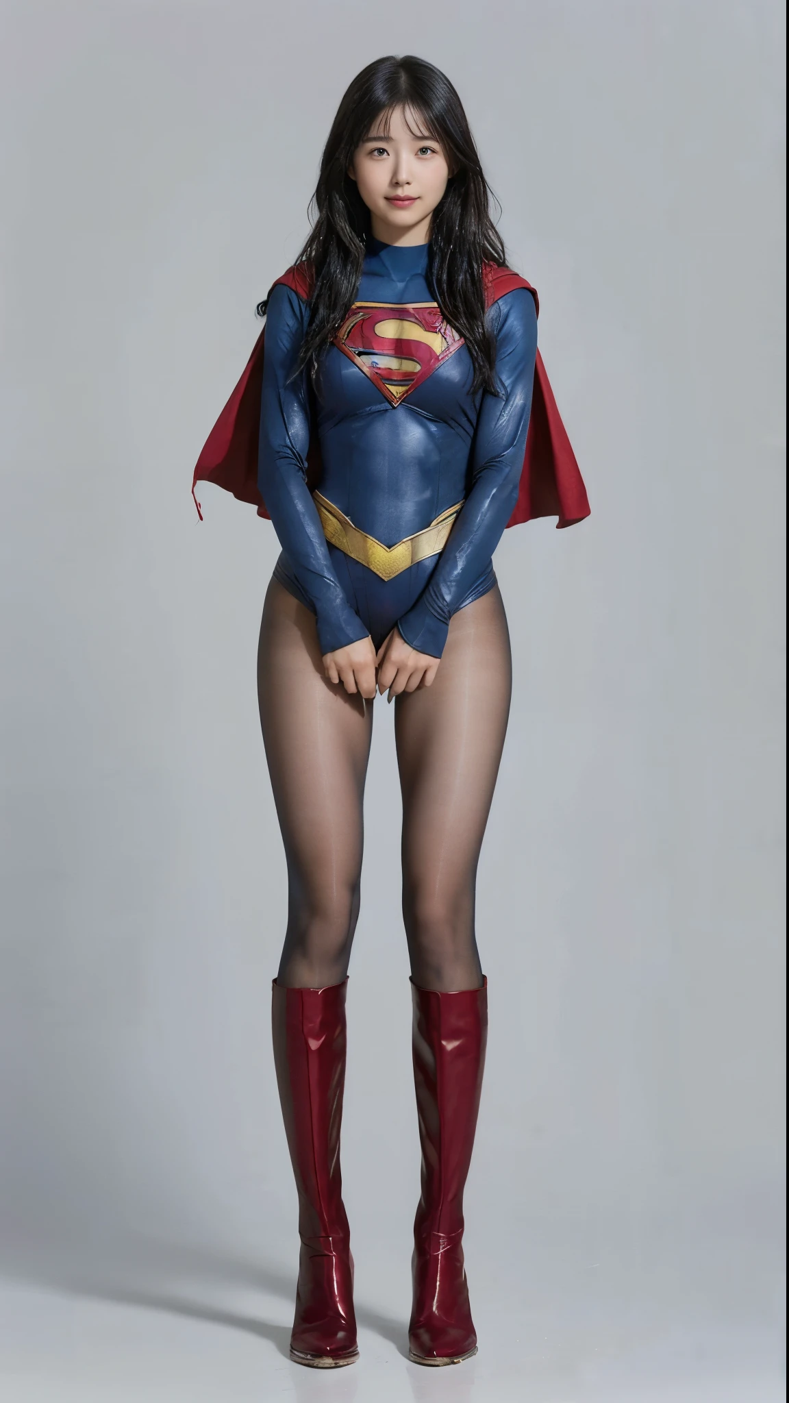 No background、(((Beautiful legs in black tights.)))、(((Legally express the beauty of your smile)))、((((Make the most of your original images)))、(((Supergirl Costume)))、(((Beautiful Hair)))、(((suffering)))、(((Please wear black tights....、Wear red boots)))、((Best image quality、8k))、((Highest quality、8k、masterpiece:1.3))、(((Preserve background )))、Sharp focus:1.2、Beautiful woman with perfect figure:1.4、Slim Abs:1.2、Wet body:1.5、Highly detailed face and skin texture、8k