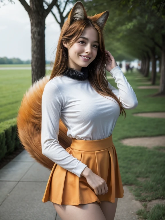 ((Highest quality, 8k)), ((masterpiece)), (Highest Resolution), Perfect Face, Fox Woman, Female college student, Beautiful woman, Outdoor, only one tail, she has thick thighs, Her large tail, Her orange fox tail, She wags her tail, Smiling with teeth showing, Fur collar, she is wearing a short skirt, Big Breasts, Beautiful Hips , A fox's tail sticks out from the skirt.