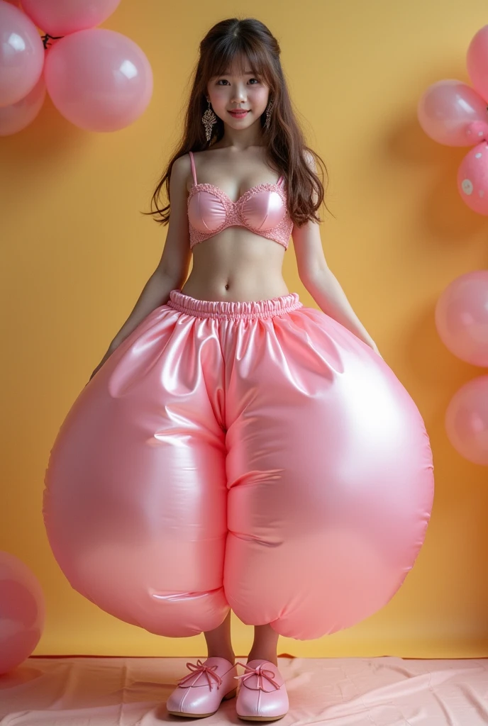 Japanese high school girl, solo, fullbody, huge breast, deep cleavage, extra large breasts, H-cup breasts brown eyes, brown long hair in a princess cut, wearing an Arabian outfit consisting only of humongous inflatable satin full length Princess Jasmine-style pantaloons with her belly button showing, pink school slippers, & a giant inflatable satin bra. The pants are light pink and extremely puffy and completely round and completely spherical, high quality.