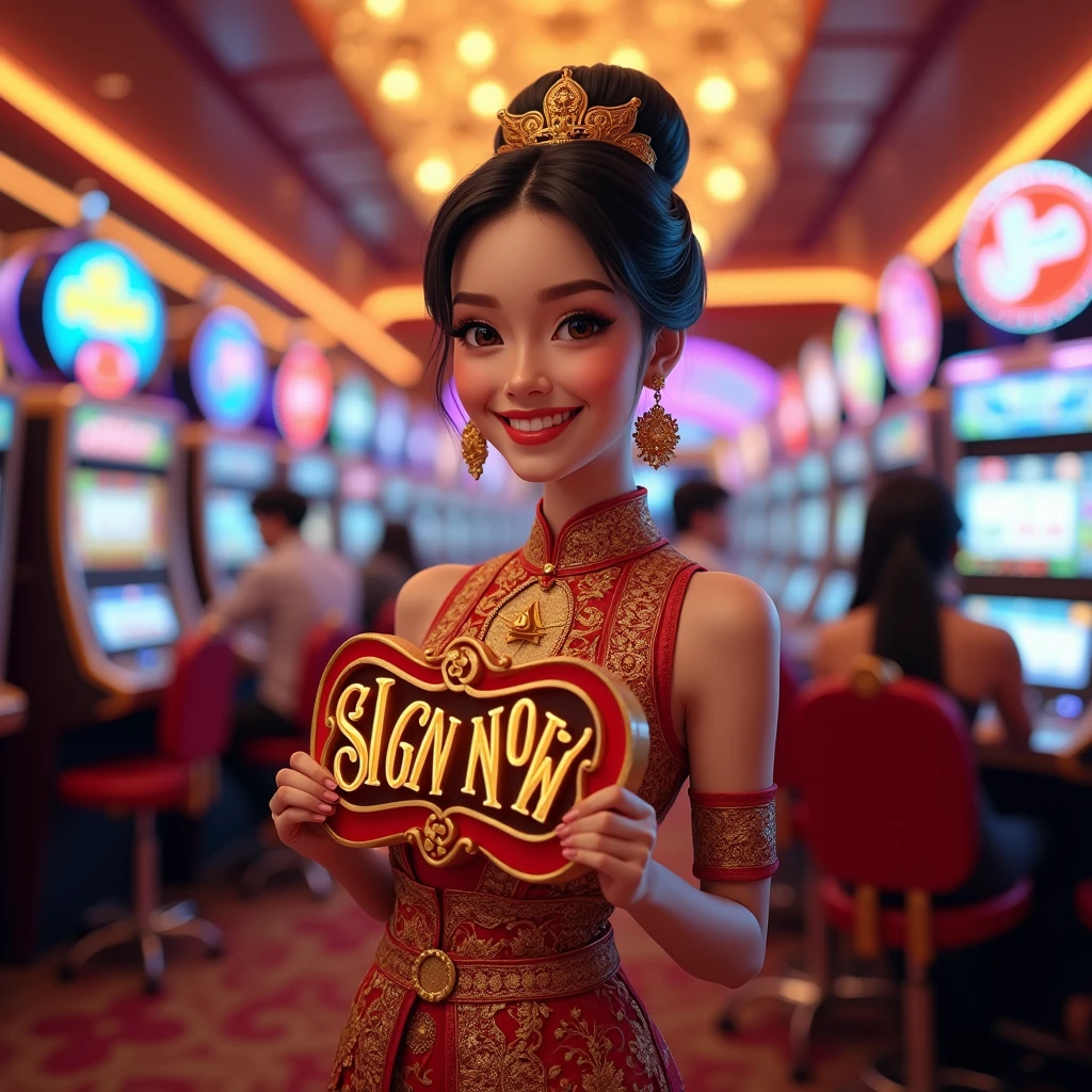 a beautiful thailand woman holding up a sign "sign up now", joyful, happy, anime illustration, photorealistic, oil painting, casino background, wearing thailand traditional dress, real cartoon, pixar