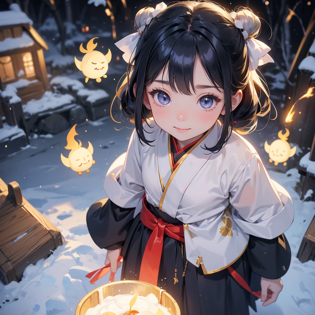 A chibi child girl had a small face and Wearing a blue little Taoist priest's outfit. A pair of big round eyes shone with curiosity about him. This child was so cute!, Burning joss paper and gold paper for the departed spirits in front of the house, raindrops are falling down, her hair is black with two buns on her hair.small chibi, chibi baby, smiling.
The little chibi baby looked up with his chest raised, and his face was old and proud.
Amidst the white snowy atmosphere, the snow is falling lightly, watching the snow fall one by one
