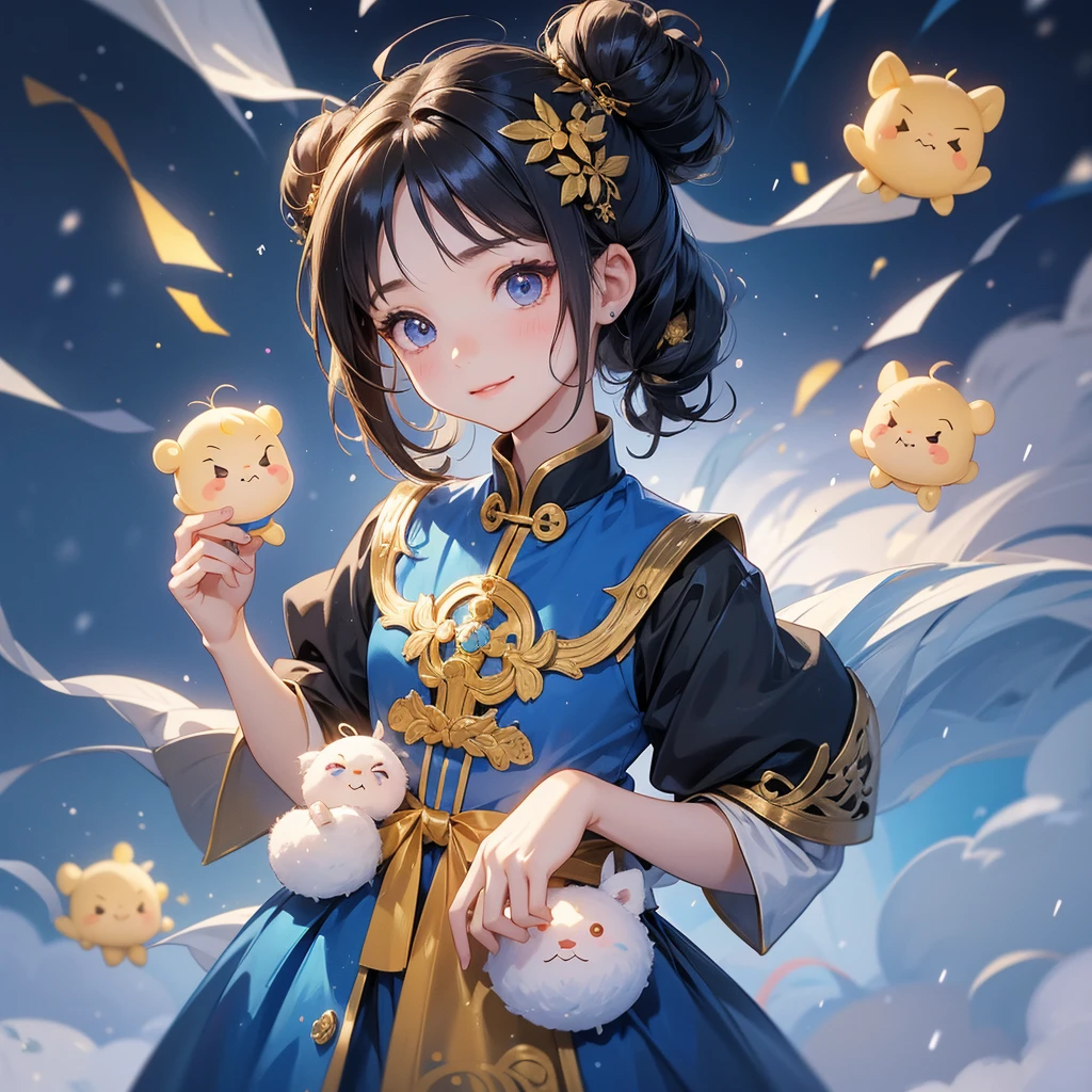 A chibi child girl had a small face and Wearing a blue little Taoist priest's outfit. A pair of big round eyes shone with curiosity about him. This child was so cute!, Burning joss paper and gold paper for the departed spirits in front of the house, raindrops are falling down, her hair is black with two buns on her hair.small chibi, chibi baby, smiling.
The little chibi baby looked up with his chest raised, and his face was old and proud.
Amidst the white snowy atmosphere, the snow is falling lightly, watching the snow fall one by one