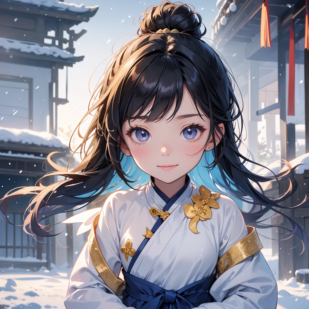 A chibi  girl had a small and Wearing a blue little Taoist priest's outfit. A pair of big round eyes shone with curiosity about him. This child was te!, Burning joss paper and gold paper for the departed spirits in front of the house, raindrops are falling down, her hair is black with two buns on her hair.small chibi, chibi baby, smiling.
 little chibi baby lup with his c raised, and his face was old and proud.

Amidst the white snowy atmosphere, the snow is falling lightly, watching the snow fall one by one

 
