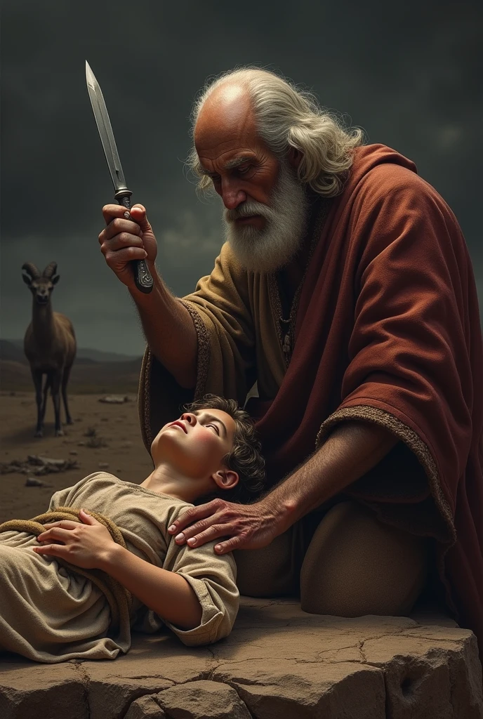 "Create a highly detailed digital artwork depicting the biblical scene of Abraham about to sacrifice his son Isaac. The setting is dramatic and filled with tension. Abraham, an elderly man with a serious expression, holds a knife raised above Isaac, who is lying on a stone altar with his hands bound. The environment is barren, with a dark sky that adds to the intense atmosphere. In the background, a subtle silhouette of a ram is visible, standing near a bush, symbolizing the divine intervention. The image should focus on the intricate details of the characters' clothing, the textures of the stone, and the emotional expressions, all rendered in a realistic, high-definition digital art style."