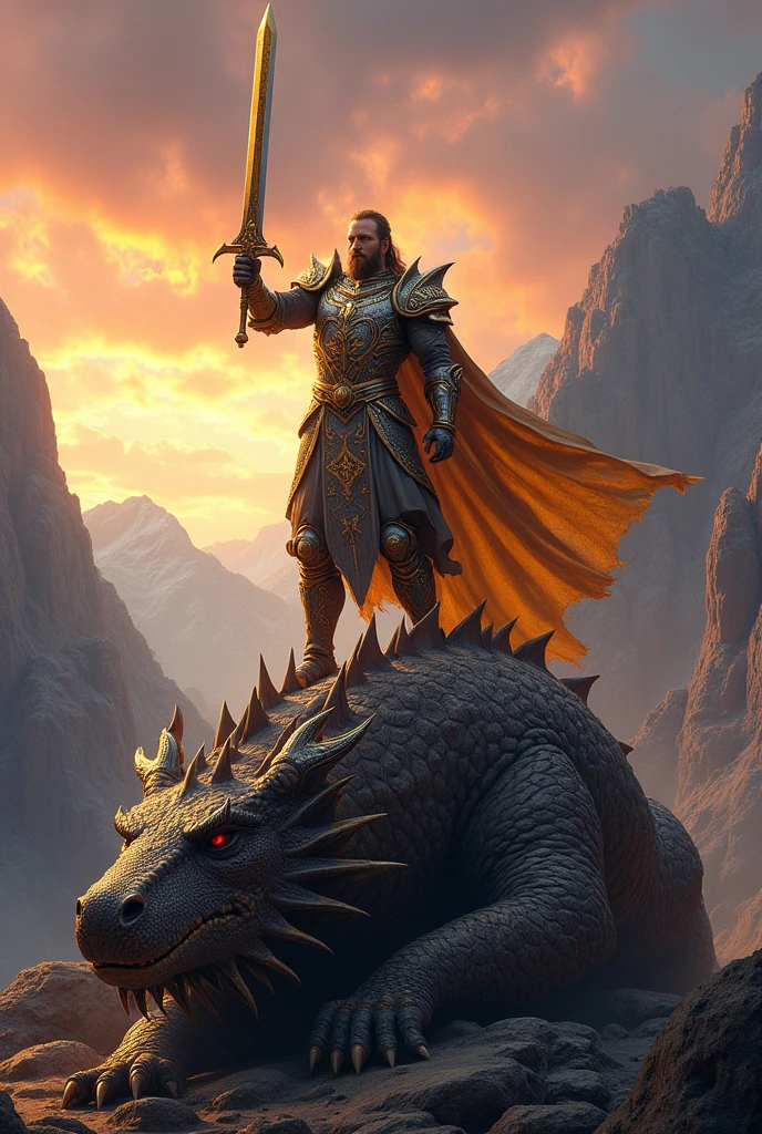 A dragon slayer standing on the dragon he slay with gold and silver armor set