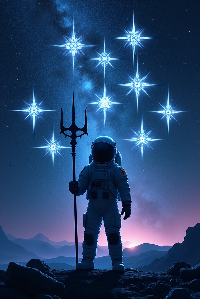 A silhouette of an astronaut holding a trident with 8 stars around it like a tattoo