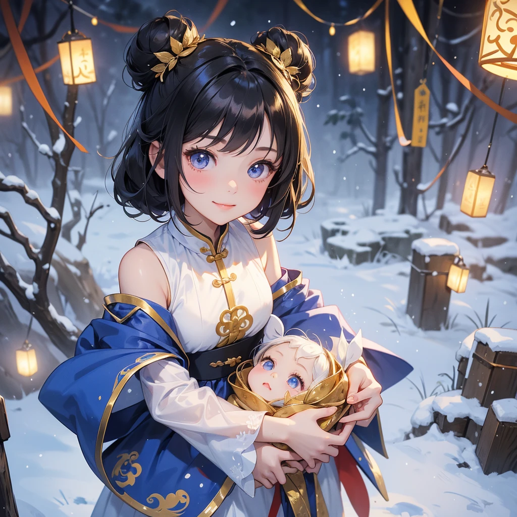 A chibi child girl had a small face and Wearing a blue little Taoist priest's outfit. A pair of big round eyes shone with curiosity about him. This child was so cute!, Burning joss paper and gold paper for the departed spirits in front of the house, raindrops are falling down, her hair is black with two buns on her hair.small chibi, chibi baby, smiling.
The little chibi baby looked up with his chest raised, and his face was old and proud.
Amidst the white snowy atmosphere, the snow is falling lightly, watching the snow fall one by one