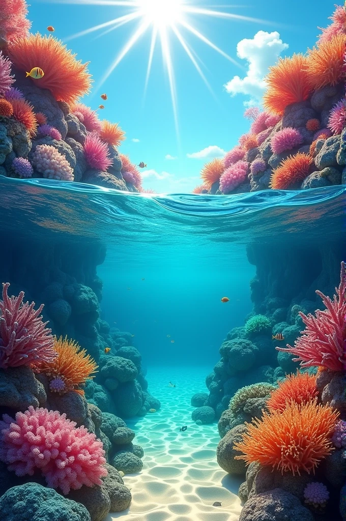 Paint seascapes with colorful coral, one that is asymmetrical and the same one but symmetrical.