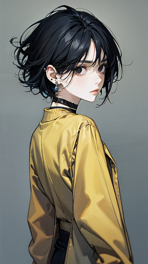 1girl, ((black hair color)) , short hair, piercings, expressionless, looking above, ((solo)), Masterpiece, best quality, beautiful, 8K, looking back, looking up, black eyes, slim, jacket, earrings, choker, concept
