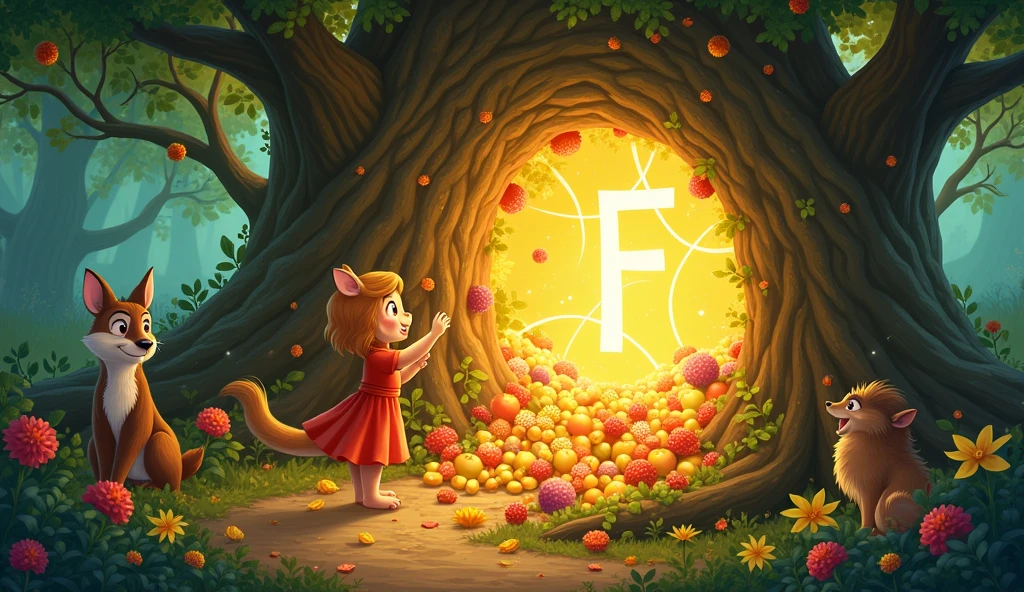 जादुई पहेली हल होते ही, पेड़ के नीचे का खजाना खुल गया, और उसमें से ढेर सारे फल और फूल निकल आए। फ़ीफ़ी ने खजाना सभी जानवरों के साथ साझा किया, और सभी ने "F" शब्द की शक्ति को समझा। तब से, पूरे जंगल में "F" का मतलब दोस्ती, खुशी और भविष्य की उम्मीद से जुड़ गया।