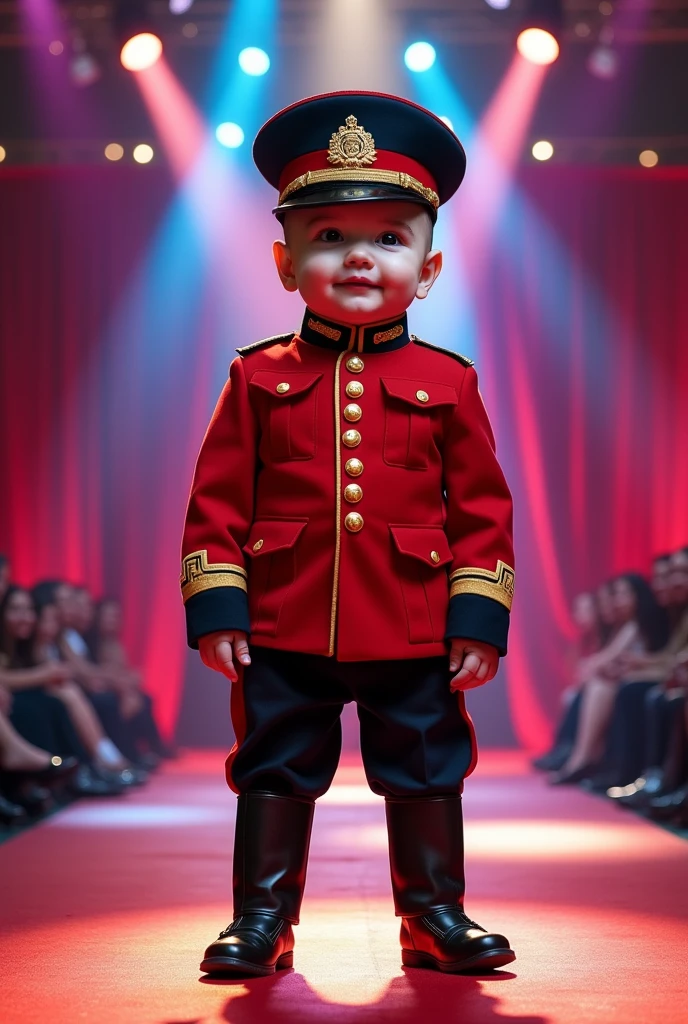 ‏Cute baby with very big head wearing Royal Artillery uniform and military hat in fashion show Realistic style Full body