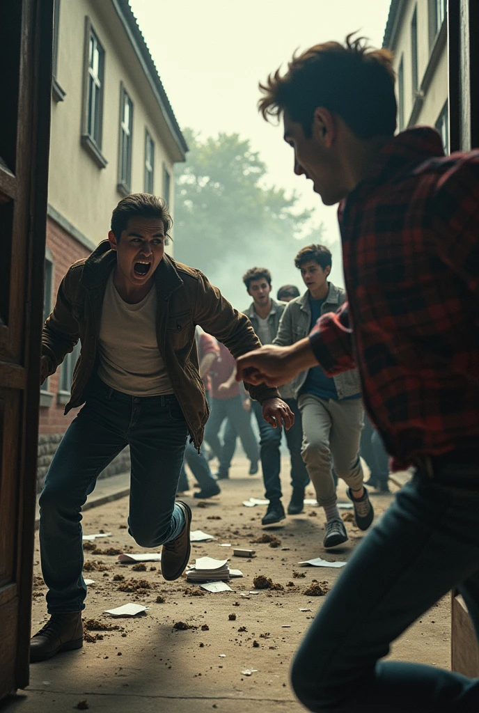 **Scene 2: Sudden Outburst of Violence**
Depict the moment when the tension outside the gate explodes into violence. The angry students have broken into the school courtyard and are now attacking the teachers. Some students are seen chasing the teachers, while others are engaged in a physical altercation. The teachers are caught off guard, with expressions of fear and shock. The scene is chaotic, with movement and action, emphasizing the sudden and intense outbreak of violence.