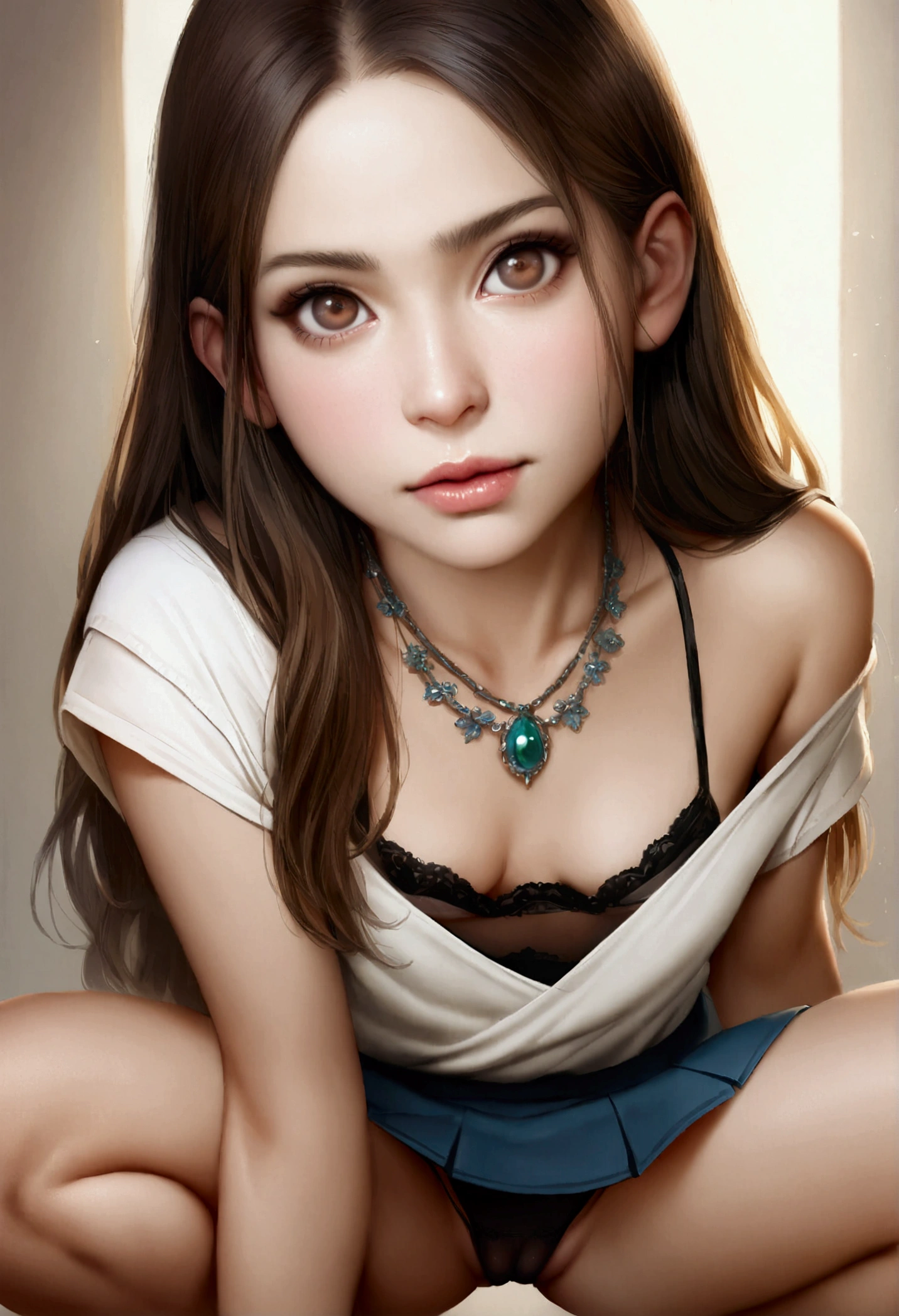1girl 13 year old, solo, long hair, small breasts, looking at viewer, brown eyes, jewelry, necklace, off shoulder, skirt , skinny, lips, realistic, nose, flirting, cleavage, perfect eyes, squatting, tight panties, cameltoes