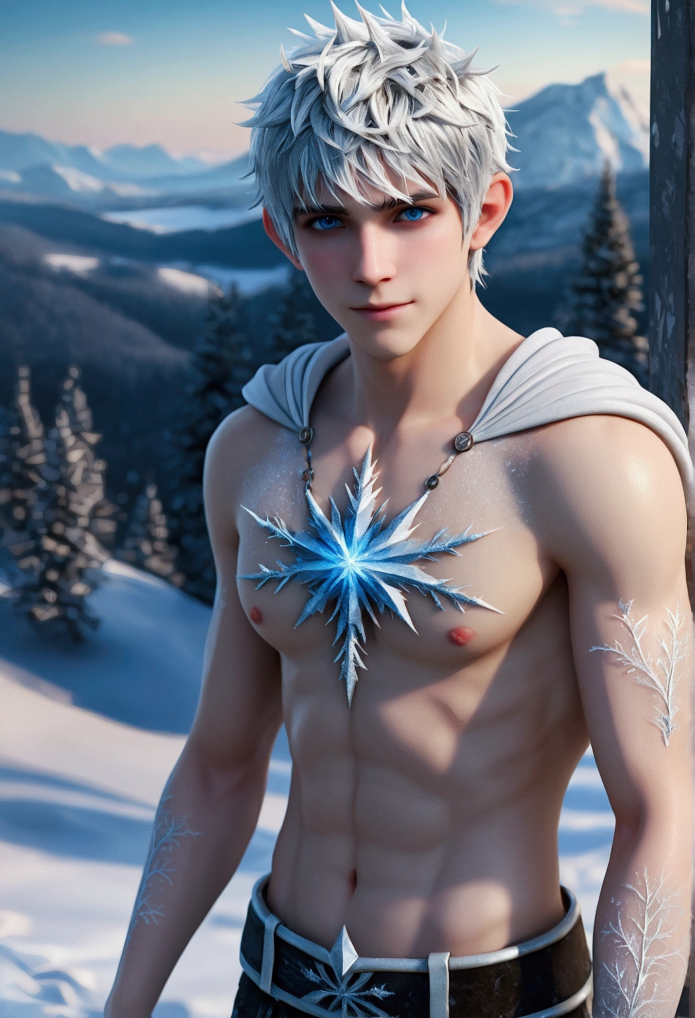 (Jack Frost: 1.6), full full body shots photorealistiic young man, fairy prince , 18 years old, milk white skin, blue eyes, white hair, shirtless, 6-pax abs, (full body shot), young boy, 18 years old, beutiful, perfect, milk white skin, handsome and ver hunky body, very detailed blue eyes, very pale skin, barefoot in a snow forest, winter , white sparkling wing, . (masterpiece:1.4, best quality), (intricate detail), Unity 8k wallpaper, Ultra Detailed, (abstract art:1.2), (Anato Finnstark style:1.3), boy from another dimension, a symphony of iridescent colors merging and shifting seamlessly, dynamic pose with rotating patterns of energy around you, a mix of determination and serenity in his expression, a general feeling of transcendence and exploration, consumed by inner darkness, empty waiting you, (Beautiful cosmic eyes), perfect lighting, perfect shading,, flying above the city smiling.
