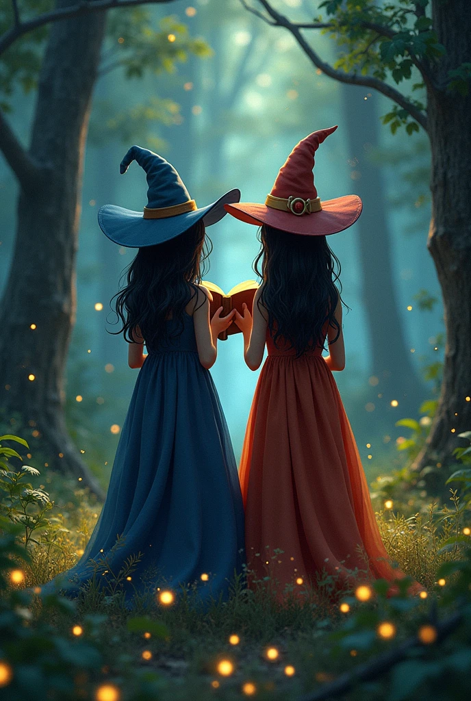 Make me two friends with their backs to me, each reading a book, Let the books be seen, one with shoulder-length wavy hair and the other with medium, straight hair, the two with black hair and dress them like witches with a Disney and magical style