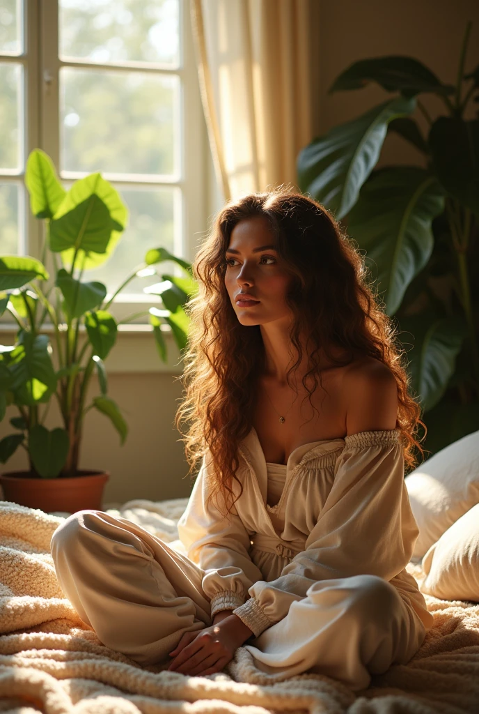 (photorealism:1.2), beautiful woman, sitting on bed, wearing loose off-shoulder top, pajama pants, long curly hair, indoors, soft lighting, plants in background, window with sunlight, cozy room, relaxed pose, realistic, intricate details, warm colors, by Greg Rutkowski, by Alphonse Mucha