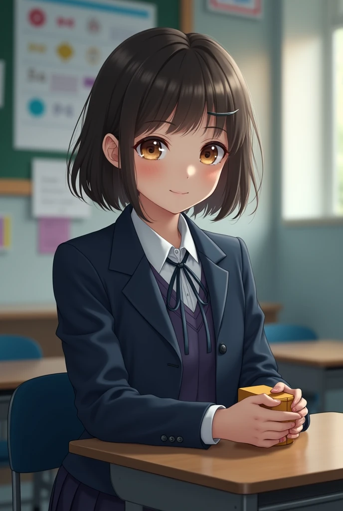 Highest quality, Face Focus, Soft Light, Ultra-high resolution, (Realistic:1.4), RAW Photos, 1 Japan, alone, cute, (A shy smile:0.5), (Brown eyes, Light in your eyes), Beautiful face in every detail, (Small box),(High resolution detail of human skin texture), (Short Bob Hair), break, In the classroom,Navy uniform, Best, skirt