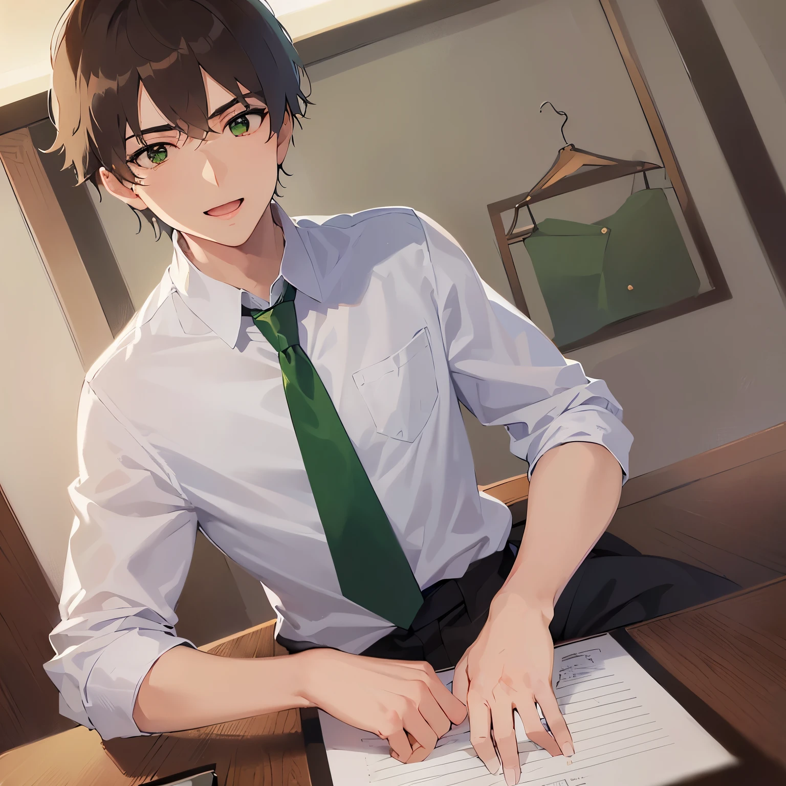 (looking at viewer:1.5)Upper Body,
shiny skin, masterpiece、Highest quality、
(25-year-old male:1.5) and (Brown short hair) and (Green Eyes),
BREAK (white collared shirt) and (Green tie)、
smile,open mouth,Background in the office、(alone:1.5)