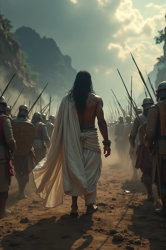 There is a fight going on between the Portuguese army and an Indian Hindu warrior. The fight is very scary and the surroundings are very scary. The Hindu warrior is wearing his Hindu traditional white dhoti dress and he has a gym body and it looks like a dramatic war scene. This scene is from ancient times, 1600 AD.