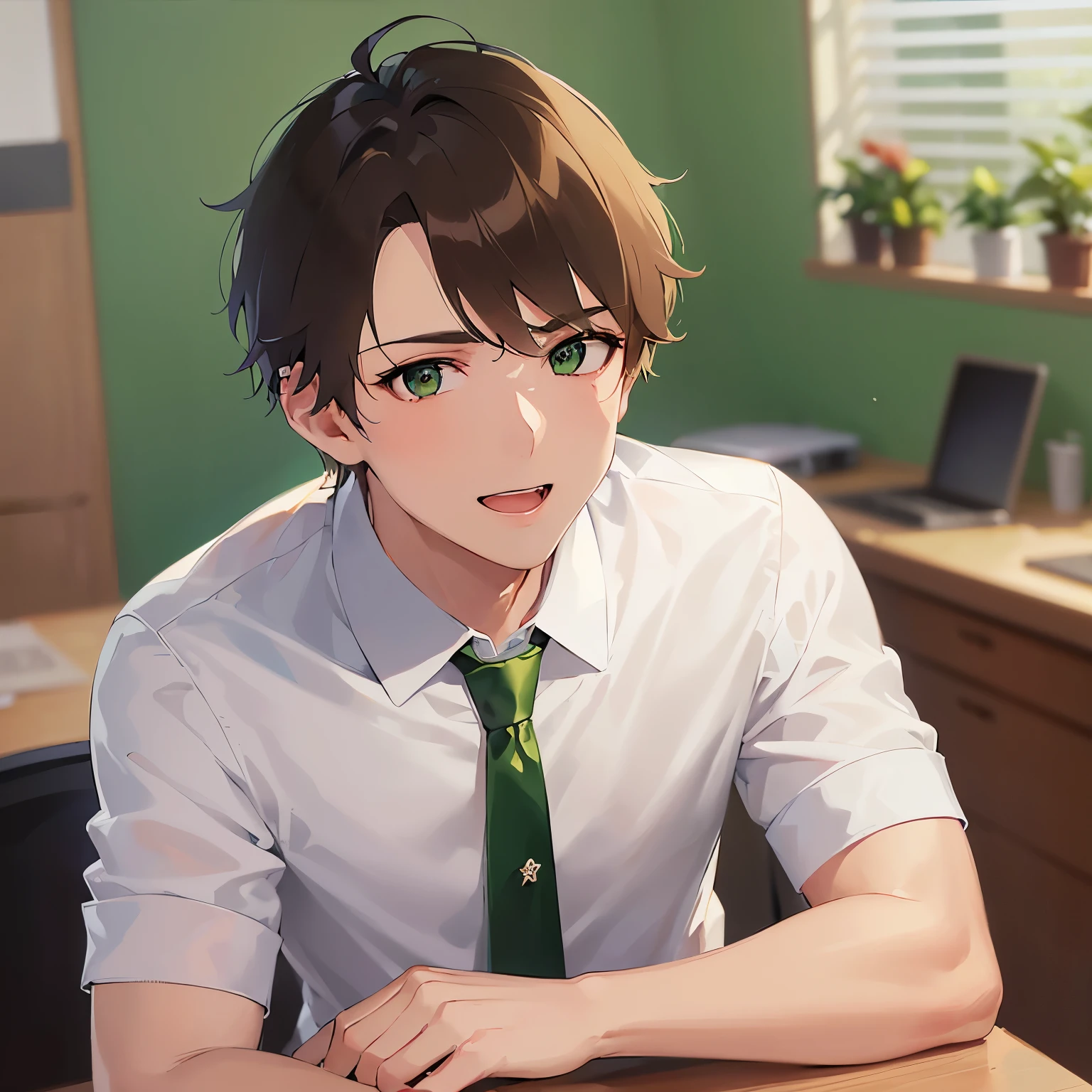 (looking at viewer:1.5)Upper Body,
shiny skin, masterpiece、Highest quality、
(25-year-old male:1.5) and (Brown short hair) and (Green Eyes),
BREAK (white collared shirt) and (Green tie)、
smile,open mouth,Background in the office、(alone:1.5)