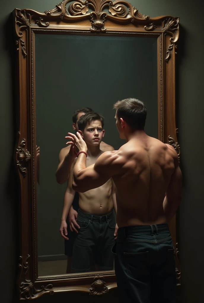 Muscular 30 year old man sees in a very large mirror the reflection of a 4 year old boy Sad and crying The  is inside the mirror and the man is outside With a very muscular back