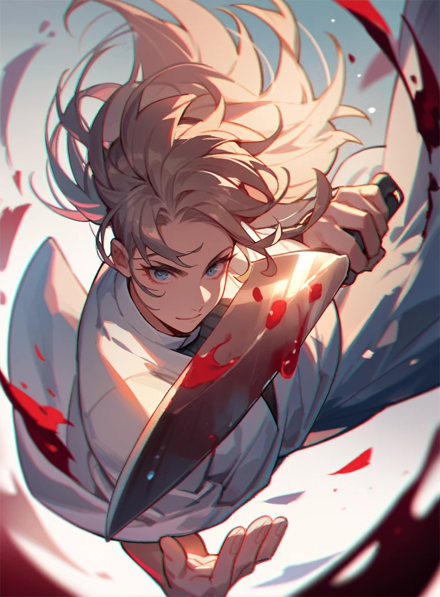 Beautiful girl, a killer with a knife, dynamic pose, straight hair, killer, blood, beautiful human woman, busty, cute