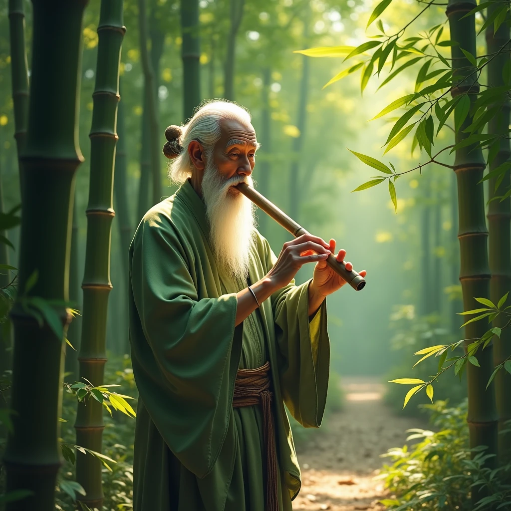 (A scene of a bamboo forest with a fantastical atmosphere;1.2)、Cool sounds echo from the bamboo grove.、An old man, a spirit of the bamboo, plays a bamboo flute.、Bamboo leaves rustle and fall in time with the melody.、The old man wears a strange garment, resembling both a Japanese kimono and a hermit's robe.、(Highest quality、masterpiece)、4K、wallpaper、