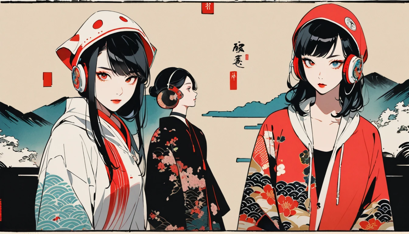 Without headphones,(((Ink Painting))), Fashion portrait color photography, (((3 people))), (((Flashy makeup))), (((Japanese style headphones))), (((Japanese pattern hoodie))), (((Wear a hood))), Japan人の美少女, Black Hair, Delicate and precise, Modern ukiyo-e style,Japan, Japanese flag, red and blue neon