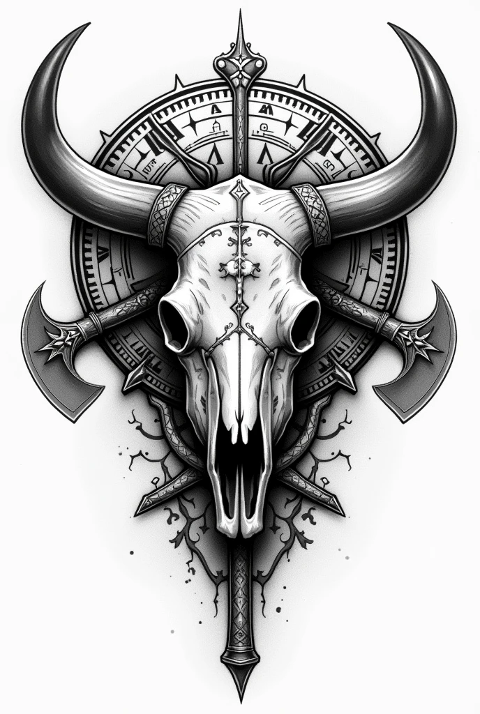 Create a black and white stippling tattoo of a Viking cow skull with runes and medieval war weapons stippling