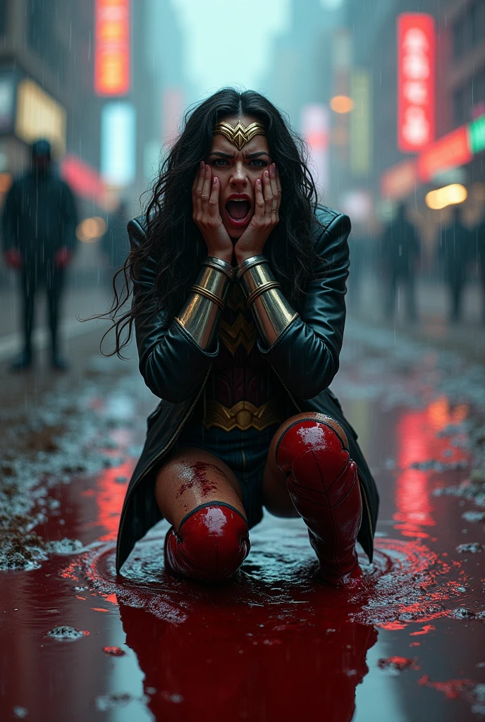 Wonder Woman in a black leather jacket, red leather corset, and black leather pants, kneeling with her hands on her face, screaming in exhaustion after a battle. Blood surrounds her, reflecting her in the puddles of blood in a rain-soaked, apocalyptic city. Red boots. Bloody, terrifying images. DC Universe logo.