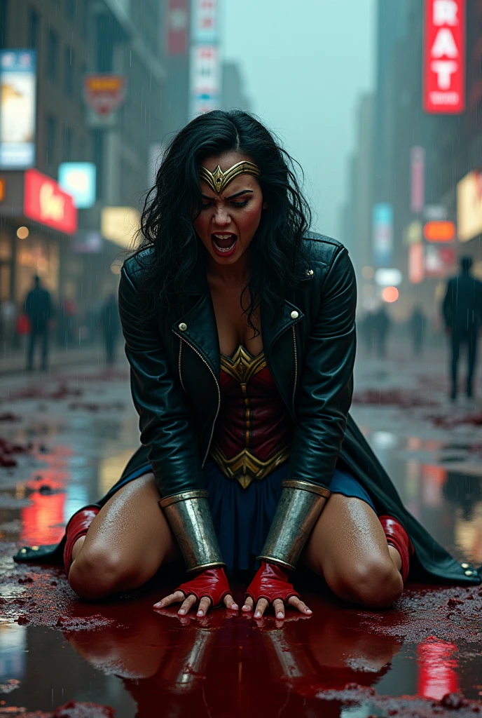 Wonder Woman in a black leather jacket, red leather corset, and black leather pants, kneeling with her hands on her face, screaming in exhaustion after a battle. Blood surrounds her, reflecting her in the puddles of blood in a rain-soaked, apocalyptic city. Red boots. Bloody, terrifying images. DC Universe logo.