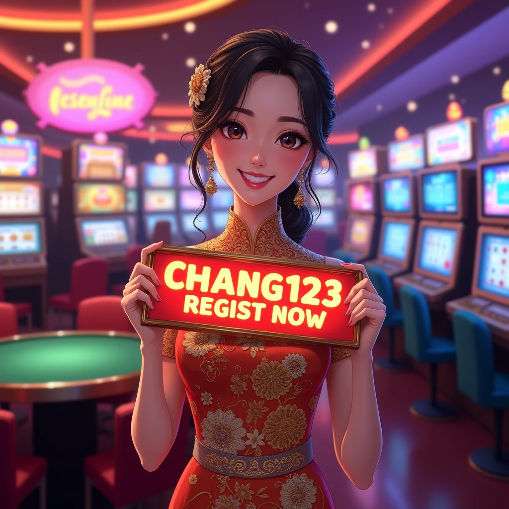 a beautiful thailand woman holding up a sign "CHANG123 REGIST NOW", joyful, happy, anime illustration, photorealistic, oil painting, casino background, wearing thailand traditional dress, real cartoon,