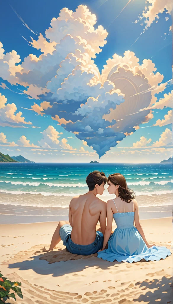 High resolution, masterpiece, Anatomically correct, 最high quality, Winner of numerous awards, Very detailed, high quality, Endless sandy beach、Heart shaped cloud、Couple sitting side by side、