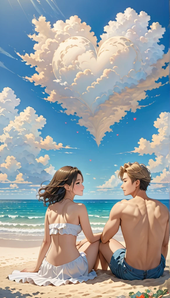 High resolution, masterpiece, Anatomically correct, 最high quality, Winner of numerous awards, Very detailed, high quality, Endless sandy beach、Heart shaped cloud、Couple sitting side by side、