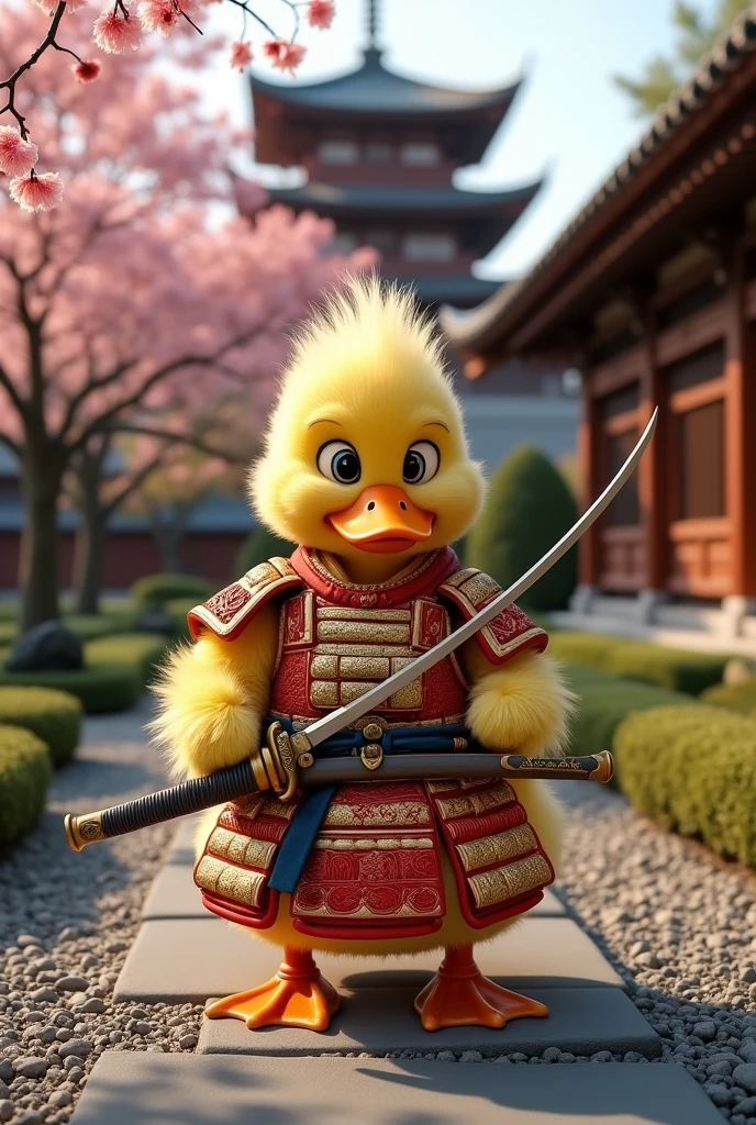 Yellow soft fur duck wearing gold and red samurai costume holding japanese sword, zen garden background with japanese castle