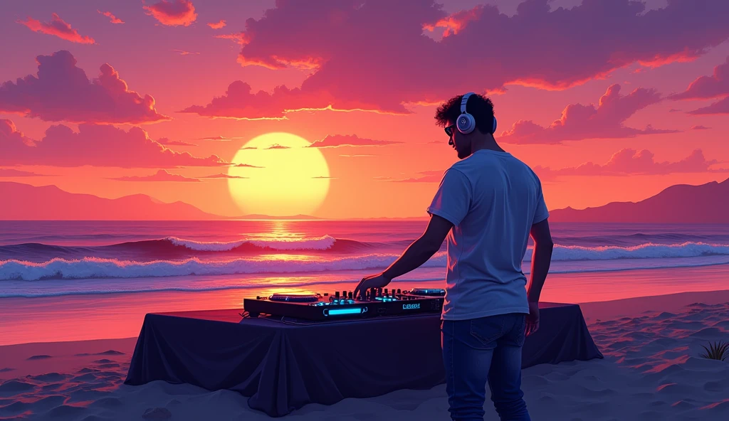 illustration A lonely DJ on a beach, a beautiful sunset, edm music, neon energy , illustration , illustration