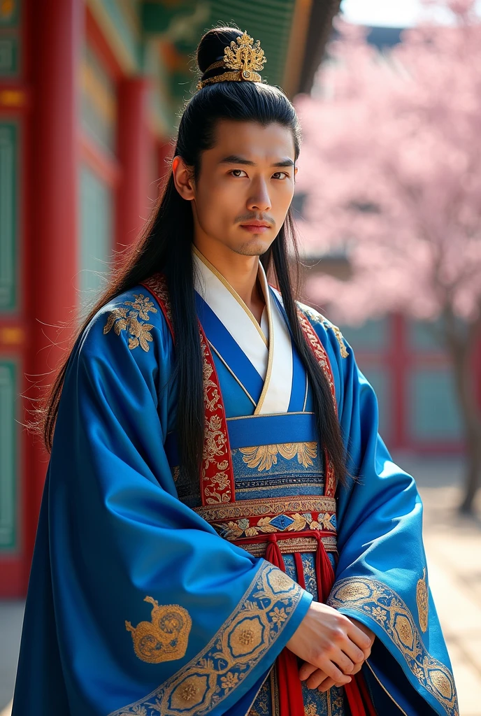 A king of Joseon wearing a hanbok is striking a cool pose..