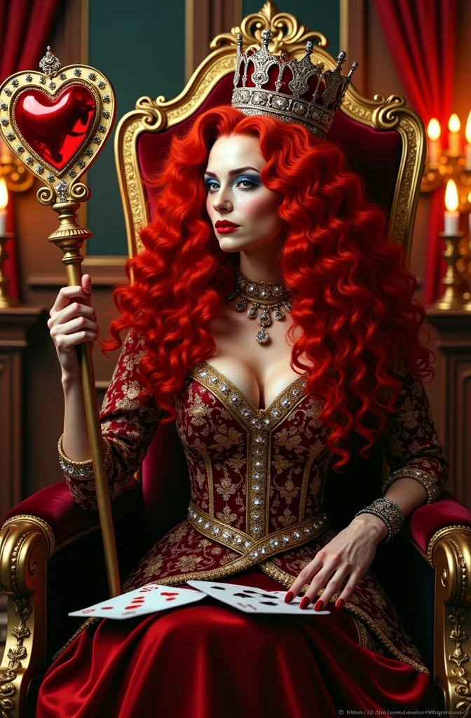 （Red curly hair），Queen，Queen Clothing，Holding a love staff，Red lipstick，(the red queen，Disney Villains)，Big Head，Pale skin，Villains，Sitting on the throne，accessories，poker，Blue Eyeshadow