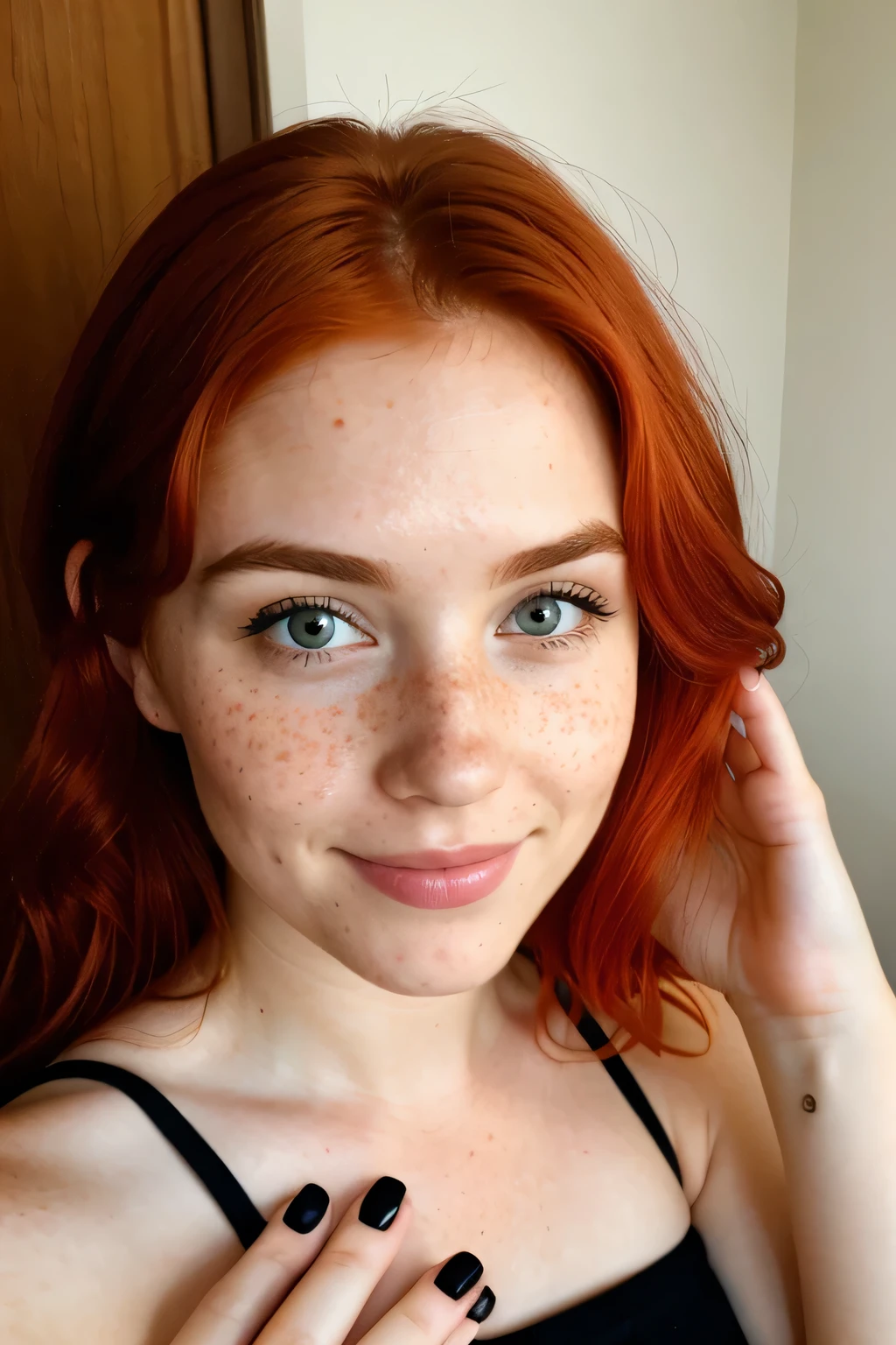 beautiful lady, little freckles, red hair, ultrarealistic, small nose, big breasts, slight smile, photo of feet with black nail polish