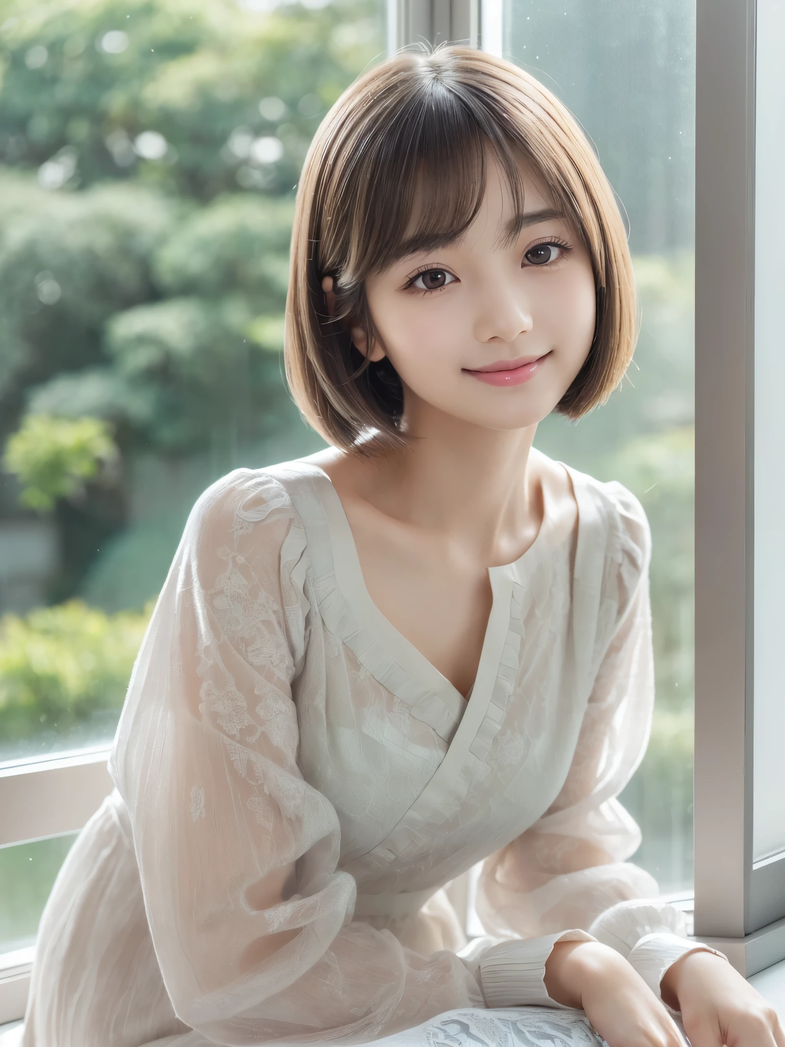 super highest quality, face focus, soft light, ultra high resolution, (realistic:1.4), RAW photo,
1 Japanese girl, alone, cute, (pupil, There'There'There's a light in my eyes), (detailed beautiful face:1.3) ((High resolution details of human skin texture:1.3) Beautiful glossy fair skin Beautiful three-dimensional effect
indoor,
Damask Shirt Dress, (Beautiful straight bob hair down to the tips:1.3) elegant and neat intelligent and stylish
(portrait) High definition focus on pupil diffused light from window beautiful gradation gentle smile (beautiful gradation:1.3) gentle smile