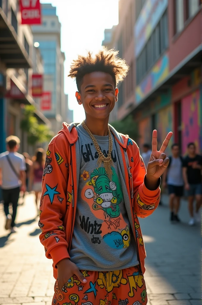 Flipping off the viewer while smiling