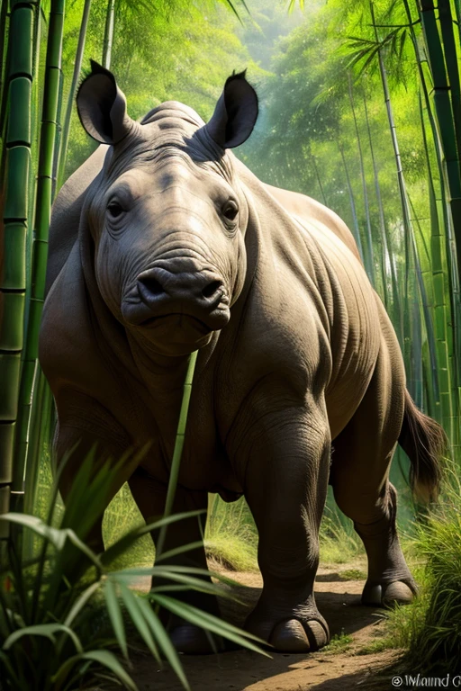 best quality, high quality, ultra quality, 8k, masterpiece, detailed, extremely detailed, insanely detailed, ultra detailed, ultra highres ,exquisite, lifelike Images,cinematic experience,UHD picture,Realistic,photorealistic,hyperrealistic,vivid,RAW photo,shot by DSLR, Giant Bamboo forest, Bamboo trees, rhino prowling in the bamboo forest, bamboo trees, rhino in the bamboo forest,