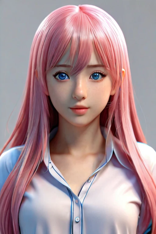 a girl with long pink hair and blue eyes wearing a shirt, long straight hair, realistic anime 3 d style, 8k high quality detailed art, anime styled 3d, deviantart artstation cgscosiety, 3 d anime realistic, kawaii realistic portrait, realistic hair, smooth anime cg art, photorealistic anime girl render, render of a cute 3d anime girl