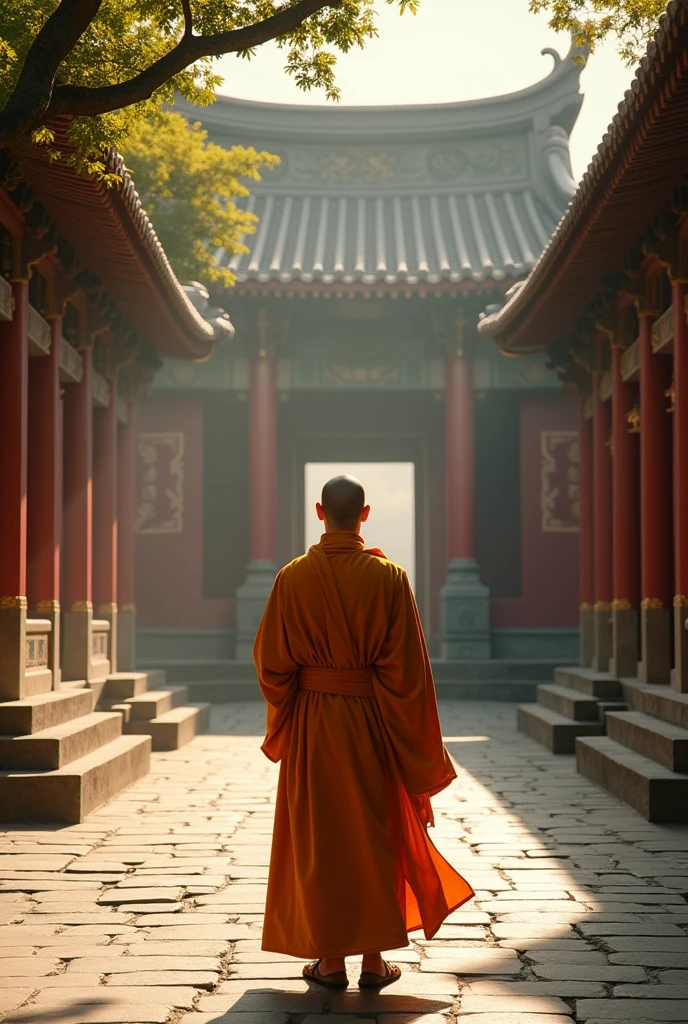 etailed photo of a temple monk,man, cinematic lighting, 8K, realistic, highly detailed architectural elements, ancient Chinese culture, intricate carving details, sense of design, warm colors, natural light, serene atmosphere, dramatic shadows, expansive panoramic views, culture of the Shaolin Temple, temple,trees, multi-angel