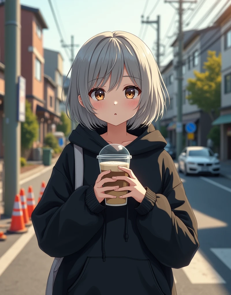 (RAW photo, best quality, masterpiece: 1.2), (photorealistic: 1.4), best lighting, 20 years old, (light gray hair, short bob cut, hair in 7 thirds, hair over one ear, Symmetrical eyes, fair skin, solo, Detailed Skin, Detailed Background:1.2), a black short-length hoodie, cafe latte in a transparent cup, taken in a residential area in Japan, road signs, traffic cones, sun, street trees, ((Realistic photo))